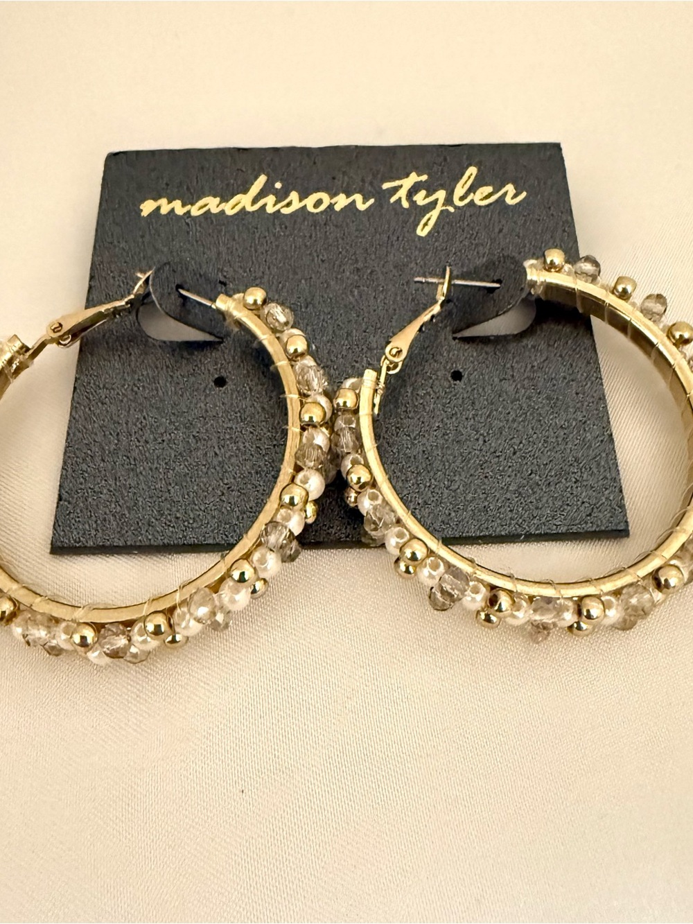 Madison Tyler Gold Tone Beaded Hoop Earrings Faux Pearl Crystal Statement NWT
